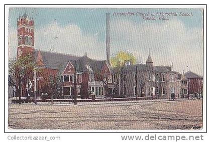 Assumption Church and Parochial School Topeka Kansas vintage original postcard cpa ak (W3_1374)