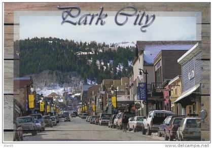 Park City UT Utah, Street Scene, Autos Store Fronts Signs, on c2000s Vintage Postcard