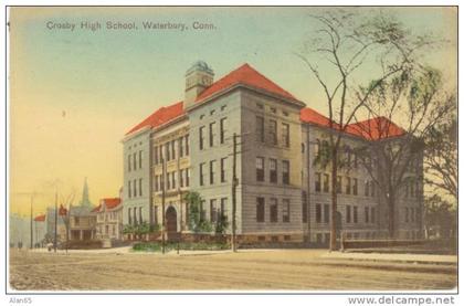 Waterbury CT Connecticut, Crosby High School, Flag Cancel Postmark, c1900s Vintage Postcard