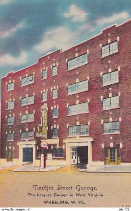 Wheeling West Virginia, Twelfth Street Garage, Esso Gas Pump c1940s Vintage Linen Postcard