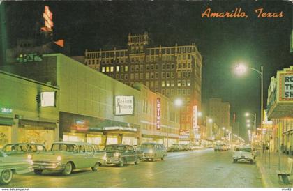 Amarillo Texas, Polk Street Scene at Night, Autos, Theater, Message to US Marine c1960s Vintage Postcard