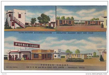 Amarillo Texas, Pueblo Court Lodging Motel Gas Station, c1940s Vintage Curteich Linen Postcard