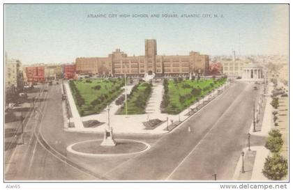 Atlantic City NJ New Jersey, High School and Square c1930s Vintage Postcard