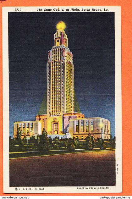 08072 ● Carte Toilée BATON-ROUGE LA-Louisiana State Capitol Night 1950s Photo by Francis PULLEN 6A-H1148