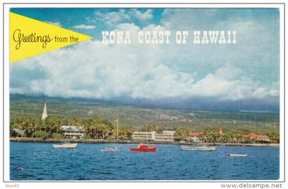Kailua, Kona, Island of Hawaii, View of Coastline, Boats in Water, c1950s Vintage Postcard