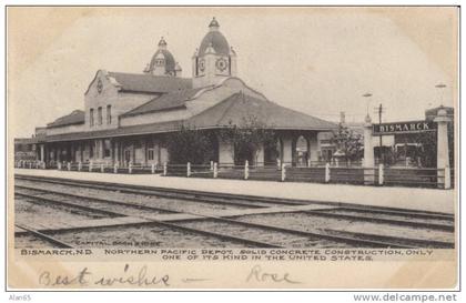 Bismark ND North Dakota, Northern Pacific Railroad Depot, Train Station, RPO Cancel, 1900s Vintage Postcard