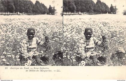 Black Americana - African American child among the daisies - STEREO POSTCARD - Publ. LL levy & Son 24