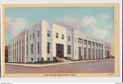 USA BRIDGEPORT CONN. Post Office Building View, Vintage 1940s Color Postcard (68778)
