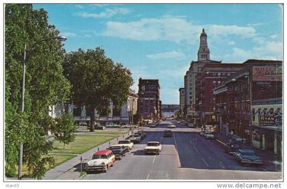 Davenport IA Iowa, Main Street Scene, Autos Business Signs, c1950s Vintage Postcard