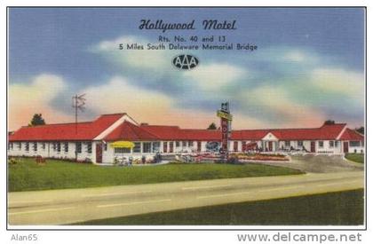 New Castle DE Delaware, Hollywood Motel Lodging,  c1940s/50s Vintage Linen Postcard