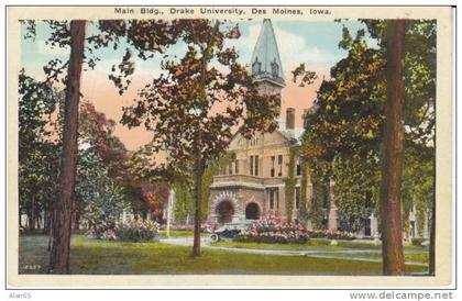 Des Moines IA Iowa, Drake University Campus Main Building on c1910s/20s Vintage Postcard