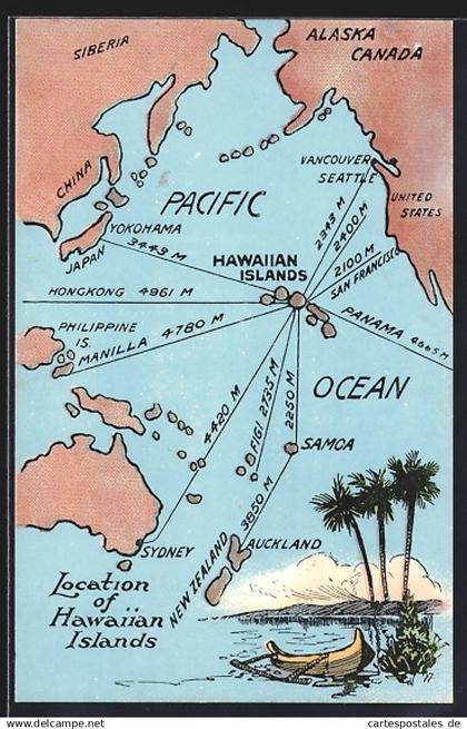 AK Hawaii, HI, Lage der Inseln im Pazifik, Entfernung zu Städten an der Küste des Pazifischen Ozeans