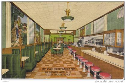 Cedar Rapids Iowa DeVar Restaurant Interior on Vintage Curteich Linen Postcard, Lunch Counter Decor
