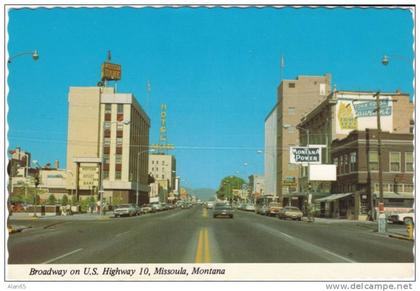 Broadway Street, Missoula MT, US Highway 10, US Auto, Montana Power, Business Signs on c1970s Vintage Postcard