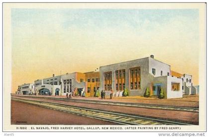 Gallup NM New Mexico, Fred Harvey Hotel 'El Navajo', Fred Geary Painting, Railroad Tracks, on c1920s/30 Vintage Postcard