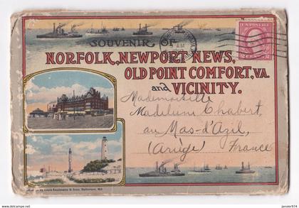 Carte de 1919 Souvenir Norfolk Newport News avec 22 photos recto verso , pour le Mas d’Azil Ariège