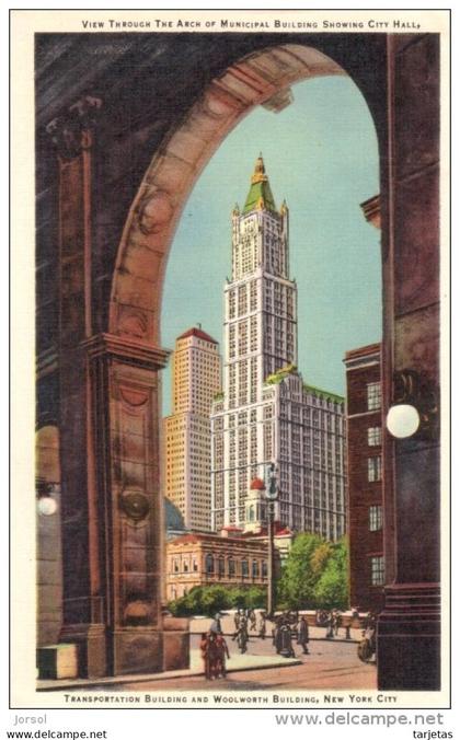 POSTAL  NUEVA YORK   (POSTAL DOBLE CARA ) TRANSPORTATION BUILDING AND  WOOLWORTH BUILDING  - ESTATUA DE LA LIBERTAD  (