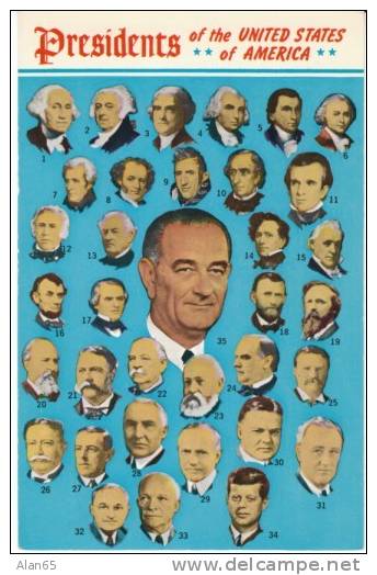 Lyndon Johnson & All US Presidents' Portraits, 1960s Vintage Postcard