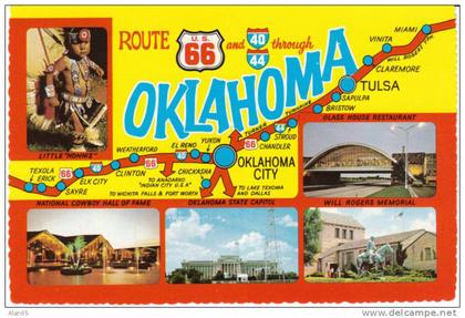 Route 66 Oklahoma Map Vintage Postcard, Indians, Restaurant, Will Rogers, American Roadside
