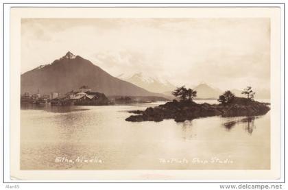 Sitka Alaska, View of Town Waterfront from Water, Islands, Mountains, c1910s/20s Real Photo Postcard