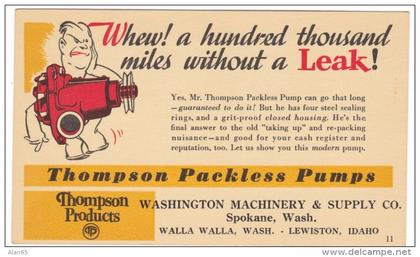 Spokane Washington, Thompson Packless Pumps Advertisement, Walla Walla WA Lewiston ID Locations, c1930s Vintage Postcard