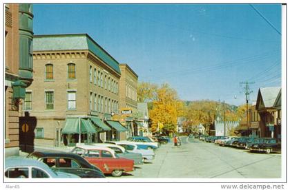 Bradford VT Vermont, Business District Street Scene, Auto, Rexall Drug Store Sign, c1950s Vintage Postcard