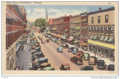 Brattleboro VT Vermont, Main Business District Street Scene, Auto, c1930s Vintage Linen Postcard