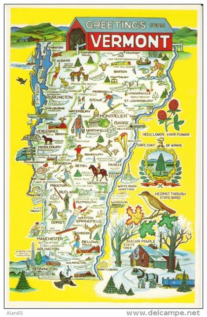 Map of VT Vermont, c1950s/60s Vintage Postcard