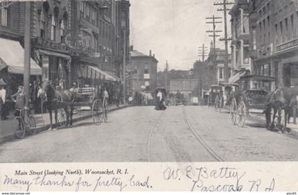 Woonsocket Rhode Island, Main Street Scene looking North, Wagons, c1900s Vintage Postcard