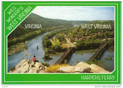 Harpers Ferry WV West Virginia, Aerial View of Town Downtown, Bridges over Rivers c1990s Vintage Postcard