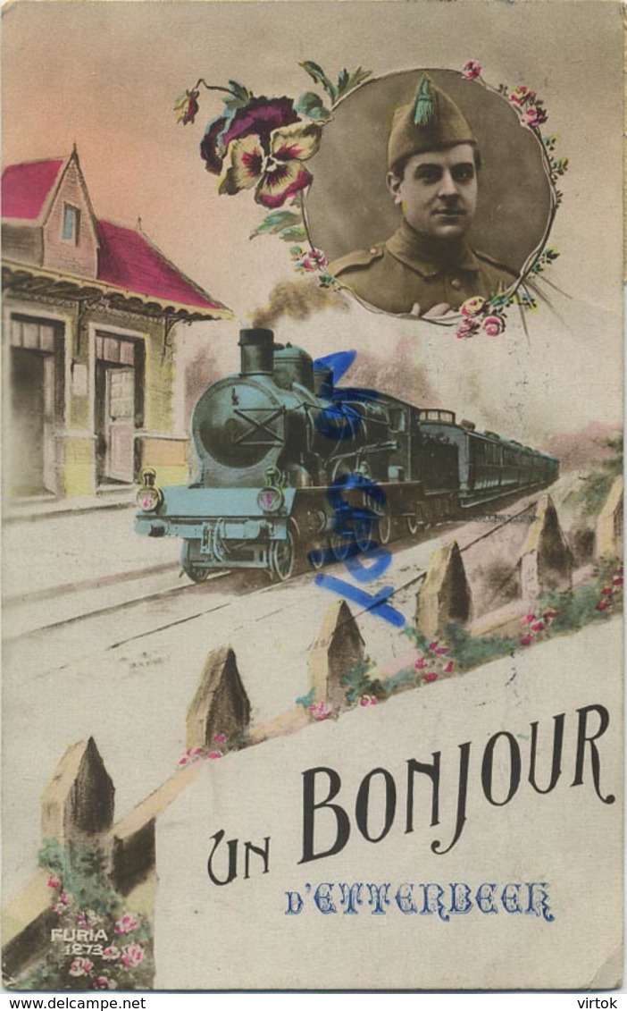 Etterbeek :  un bonjour   ( ecrit 1924 avec timbre )  trein - train - militaria