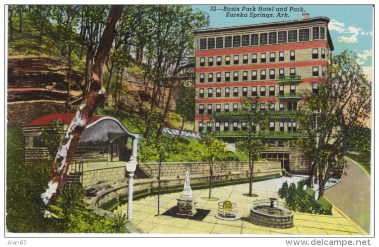 Eureka Springs AR Arkansas, Basin Park Hotel &amp; Park, Lodging, c1930s Vintage Linen Postcard