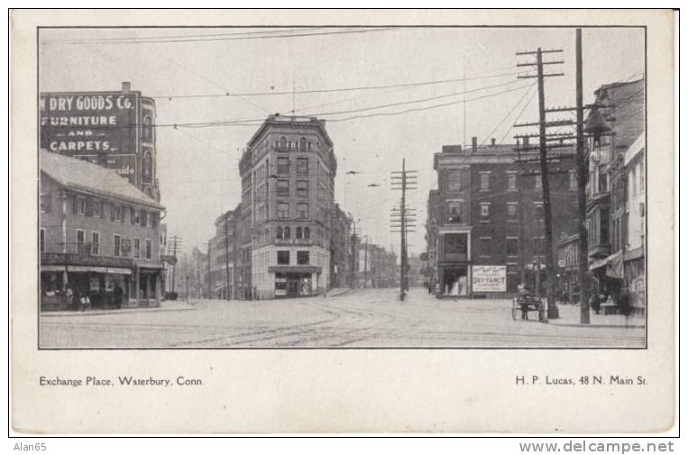 Exchange Place, Waterbury CT Connecticut, Early Street Scene, on 1900s Vintage Postcard