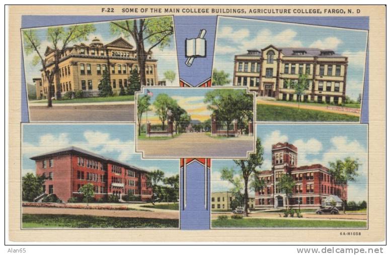 Fargo North Dakota, Agricultural College Multi-view Curteich Linen 1936 Vintage Postcard