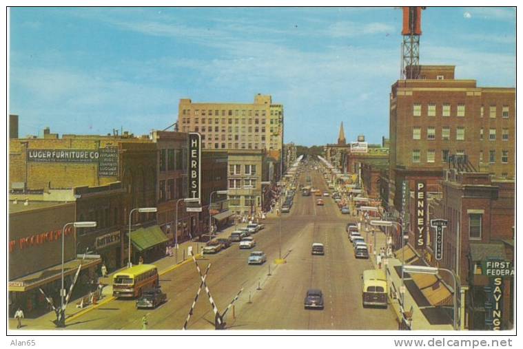 Fargo North Dakota, Chrome Street Scene Buses Savings Bank Stores on c1960 Vintage Postcard