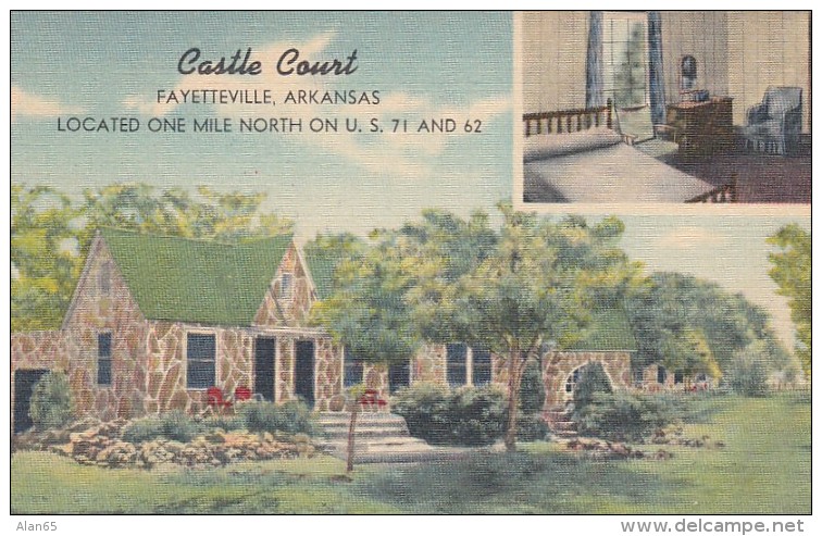 Fayetteville Arkansas, Castle Court Cottages Lodging Motel Coffee Shop, c1940s Vintage Linen Postcard