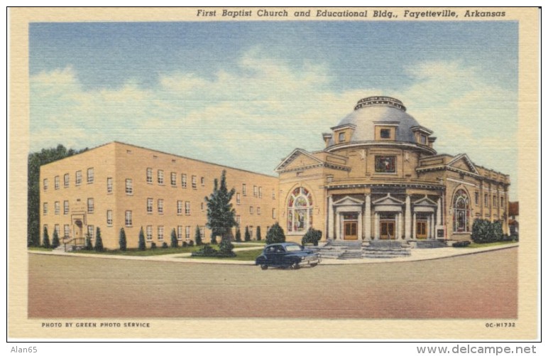 Fayetteville Arkansas, First Baptist Church &amp; Educational Building, Religion, c1950s Vintage Curteich Linen Postcard