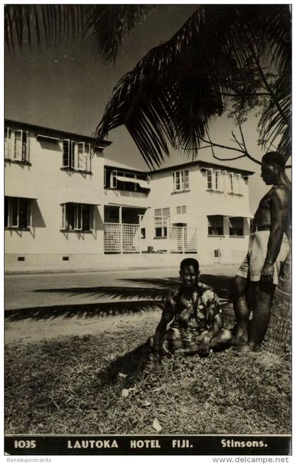 fiji islands, LAUTOKA, Hotel with Native People (1950s) Stinsons RPPC 1035