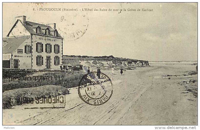 - finistere - ref D427 - plougoulm - l hotel des bains de mer et la greve de kerbrat - carte bon etat -