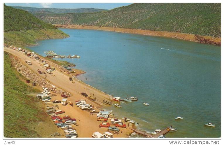 Flaming Gorge Lake WY Wyoming Utah Border, Boating Autos , c1950s/60s Vintage Postcard