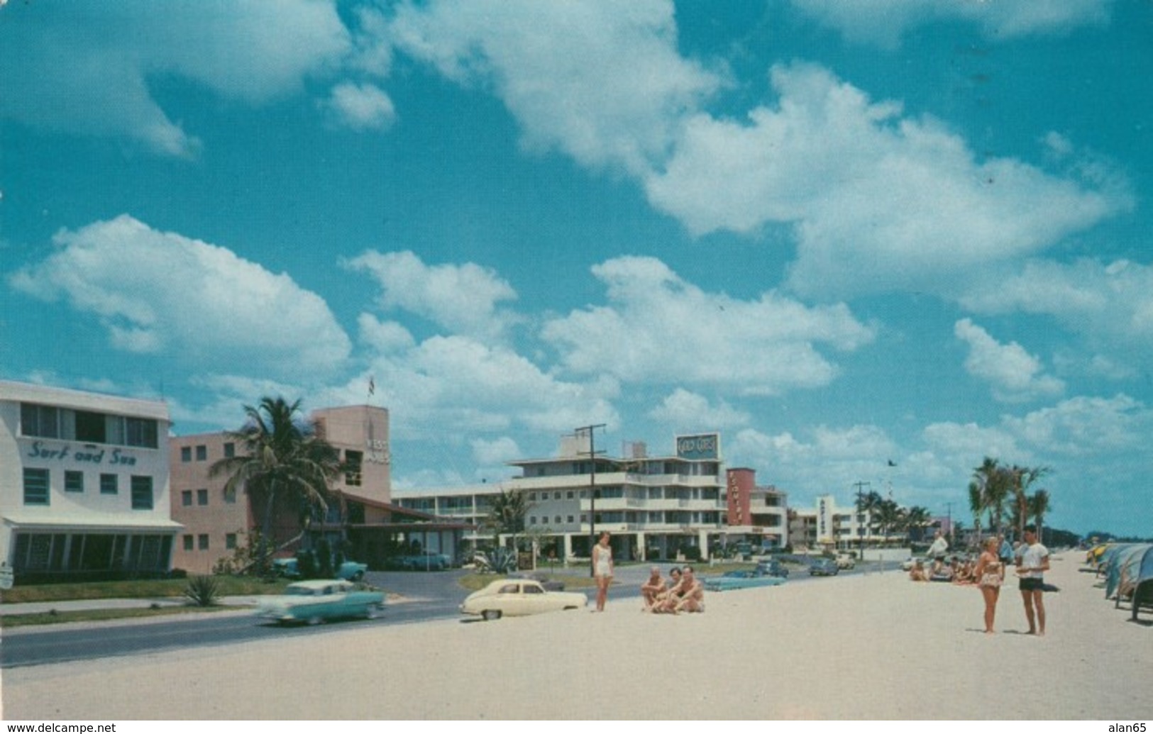 Fort Lauderdale Florida, Hotels Beach Scene, Auto, c1950s Vintage Postcard