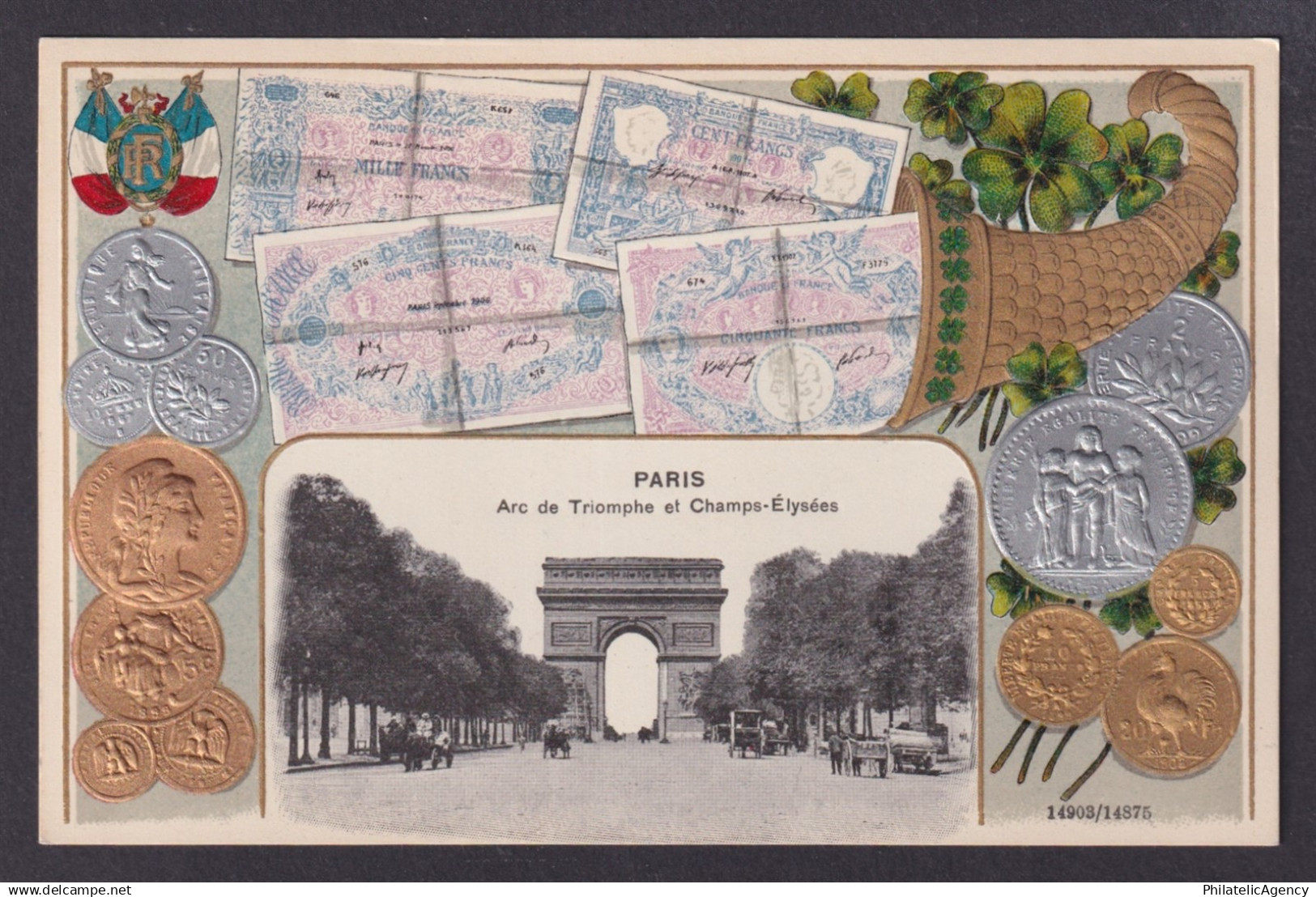 FRANCE, Postcard, Paris, Embossed Coins, Arc de Triomphe