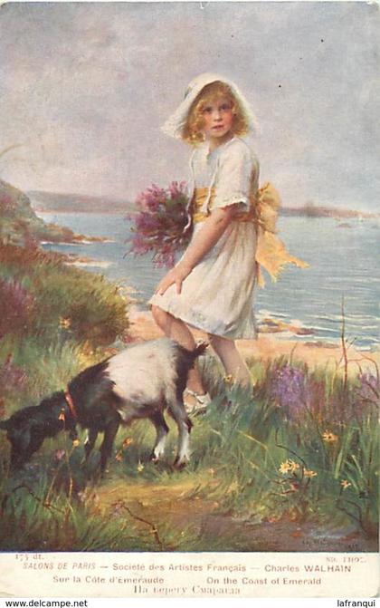 tableaux -ref B206-arts -tableau -peinture-illustrateurs-peintre charles walhain-enfant et chevre sur la cote d emeraude