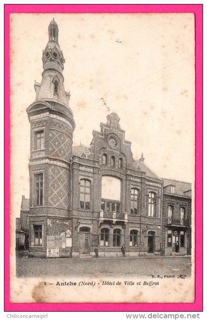 Aniche - Hôtel de Ville et Beffroi - Animée - Édition B.F. - 1908