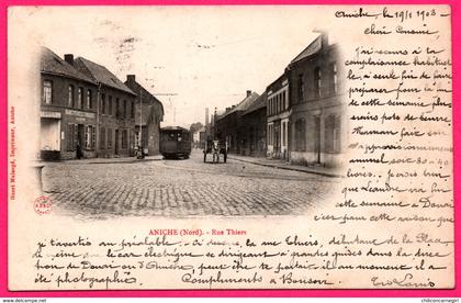 Aniche - Rue Thiers - Tramway - Charrette - Attelage - Imp. HENRI MALENGE - 1903 - Oblit. DOUAI ANICHE - Type Mouchon