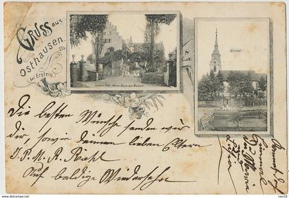 Gruss aus Osthausen Osthouse bei Erstein Kirche  Schloss Baron Zorn von Bulach timbrée 1907 vers Gerstheim