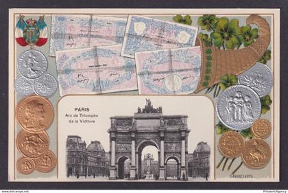 FRANCE, Postcard, Paris, Embossed Coins, Arc de Triomphe