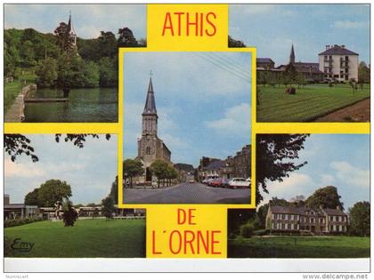 Athis de l'Orne.. belle multi-vues.. le Temple.. Eglise.. Place St-Vigor.. le Château du Rocher d'Epinouze.. voitures