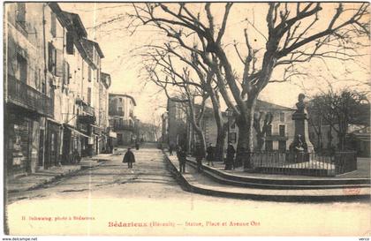 Carte Postale Ancienne de BEDARIEUX-Statue-Place et Avenue GOT