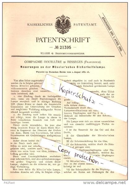 Original Patent - Compagnie Houillere à Besseges , 1882 , lampes de sécurité , exploitation minière , Mueseler !!!